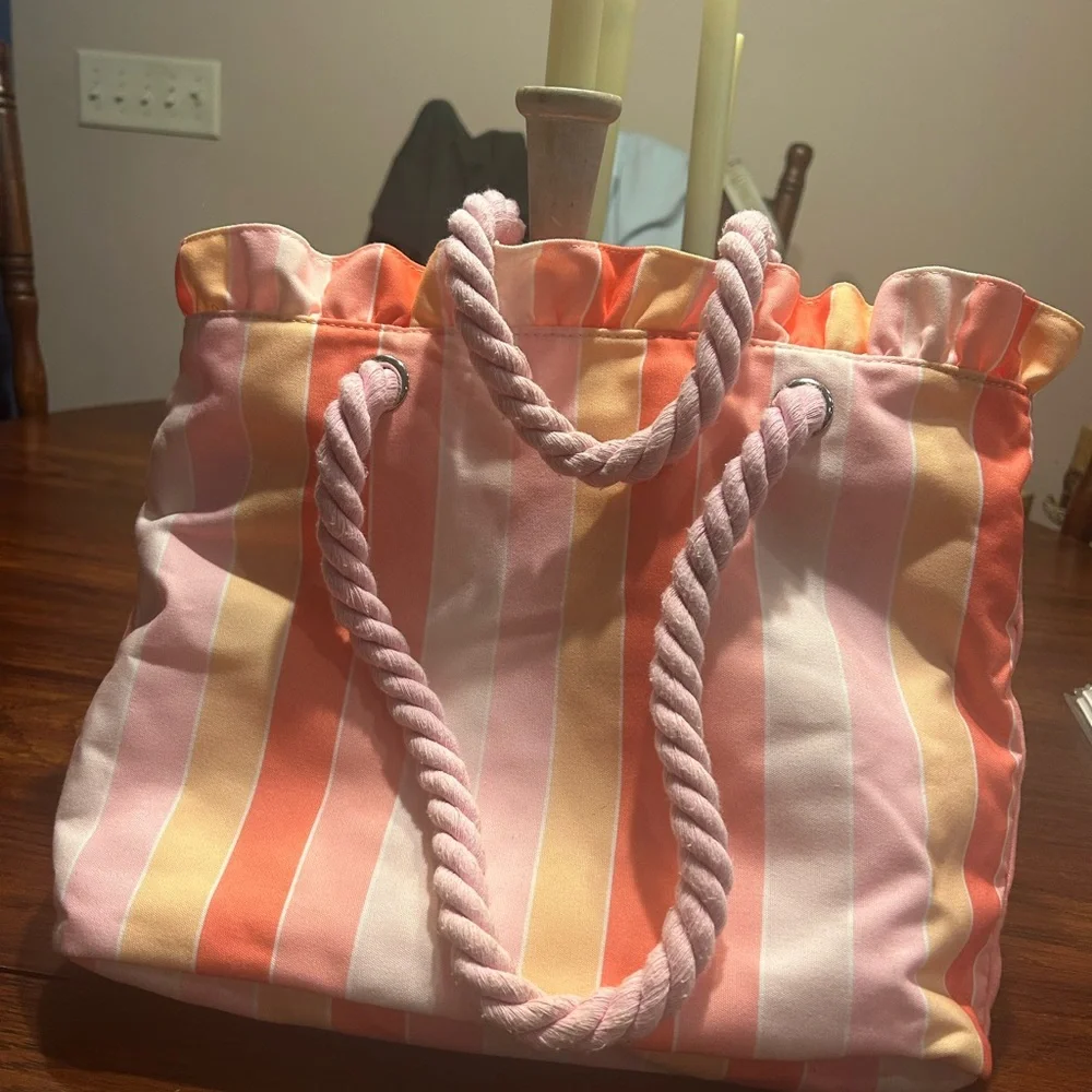 Cat & Jack Striped Coral Peach Pink Striped rope handle Tote Bag